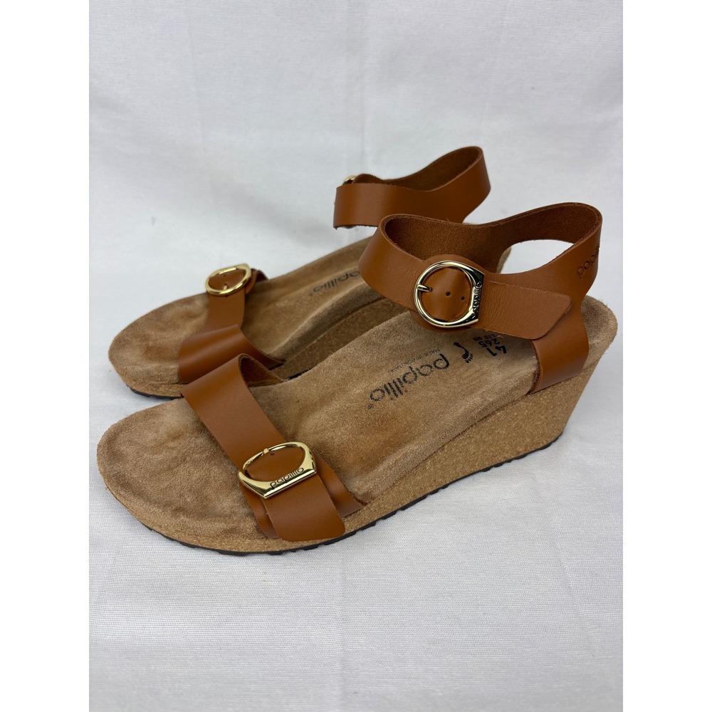 Birkenstock Papillio Soley Sandals Wedge Heels Size 10 Cognac Gold Ring Buckle